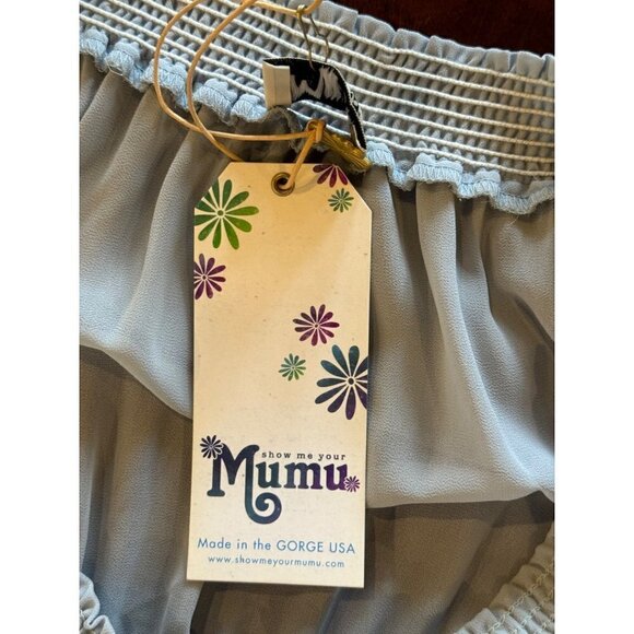 Show Me Your Mumu Blue Gray Off The Shoulder Chiffon Hacienda Maxi Dress S NWT - Picture 10 of 12